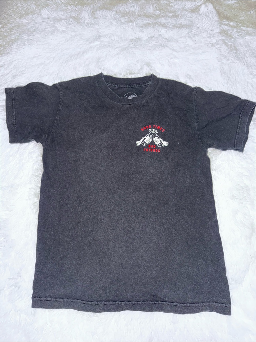 Kids Black Graphic Tee with 'Good Times and Bad Friends' Design